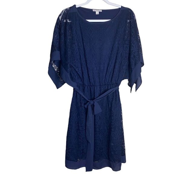 DB Established 1962 Wm’s Sz 14 Blue Lace Lined Kimono Pull Over Belt Dress - Picture 1 of 6